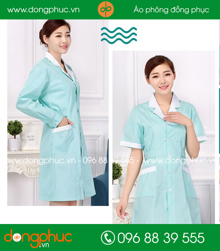 Áo blouse đồng phục y tá – Bác sĩ màu xanh nhạt cổ trắng - mẫu 2