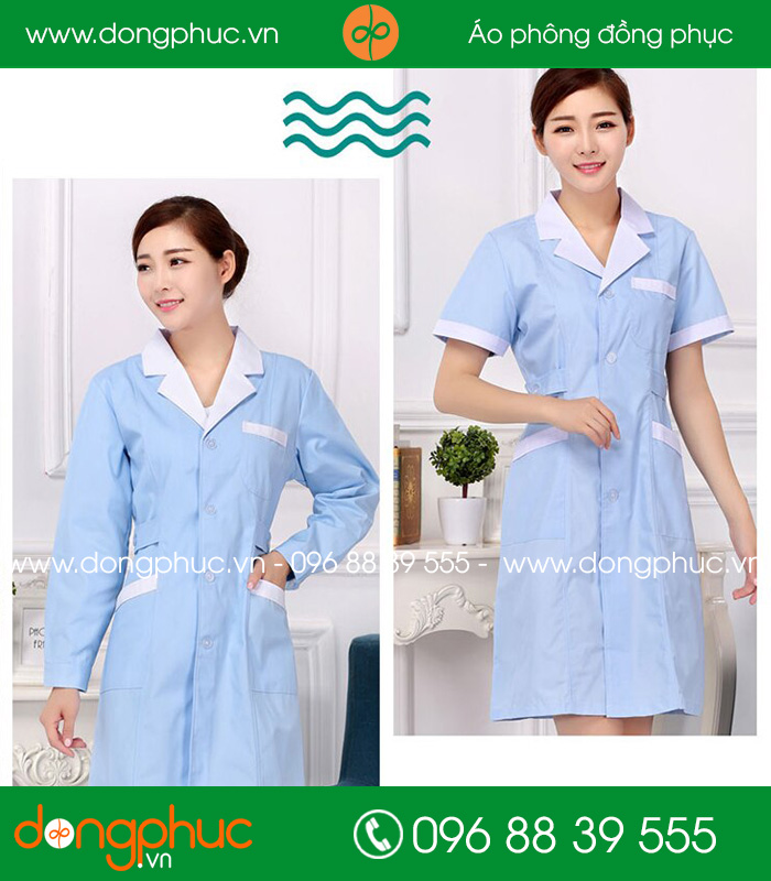 Áo blouse đồng phục y tá – Bác sĩ màu xanh nhạt cổ trắng - mẫu 3