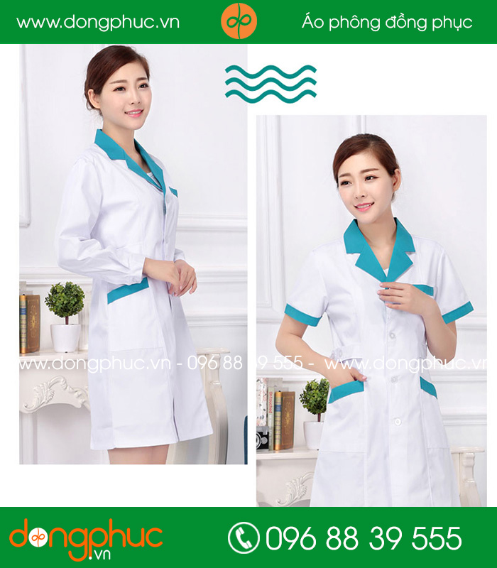 Áo blouse đồng phục y tá – Bác sĩ màu trắng cổ xanh YA - mẫu 2