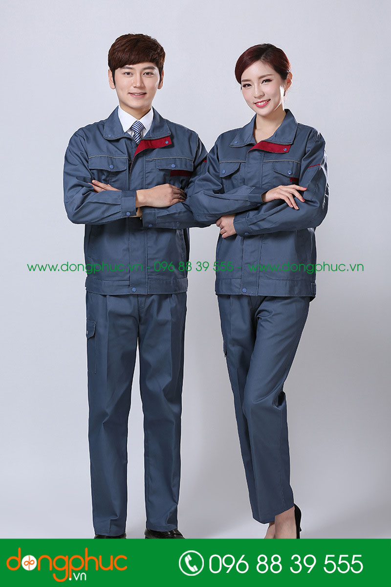 Mẫu áo đồng phục kỹ sư – công nhân màu xanh đậm phối đỏ đô - mẫu 2