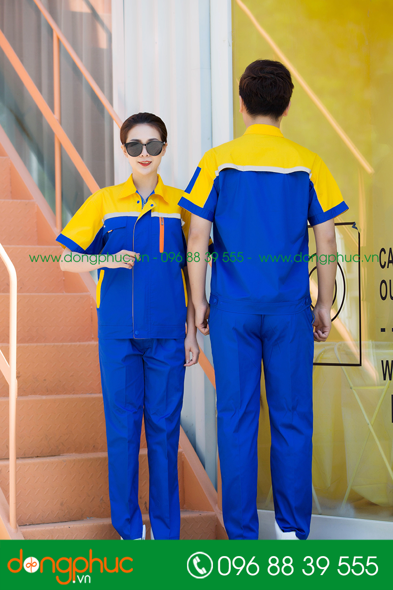 Mẫu áo đồng phục kỹ sư – công nhân màu xanh bích phối vàng cộc tay - mẫu 3