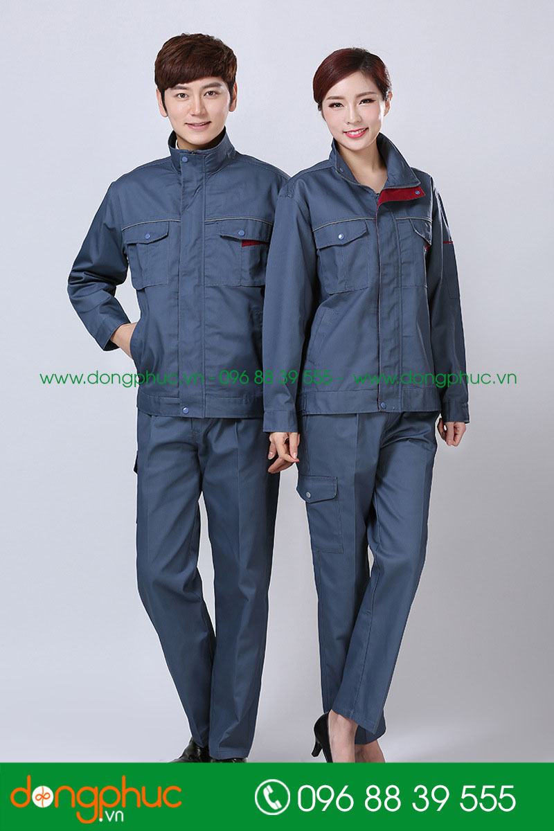 Mẫu áo đồng phục kỹ sư – công nhân màu xanh đậm phối đỏ đô - mẫu 5