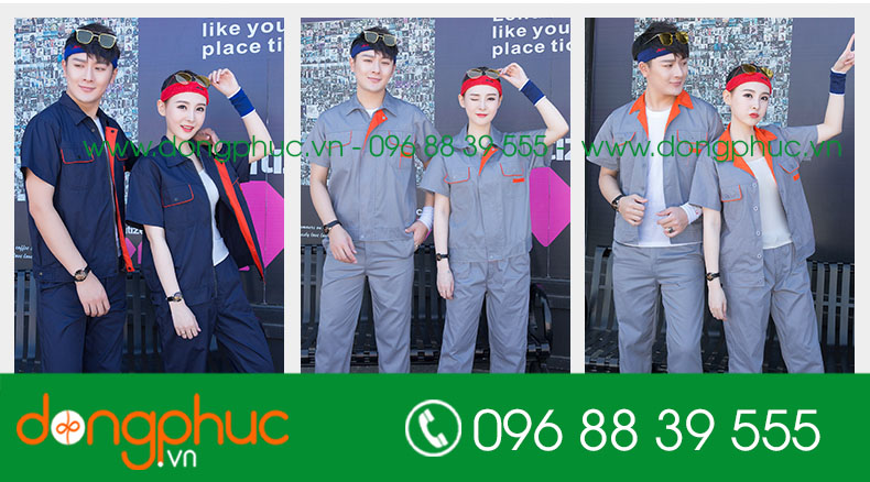 Mẫu áo đồng phục kỹ sư – công nhân màu tím than phối cam cộc tay