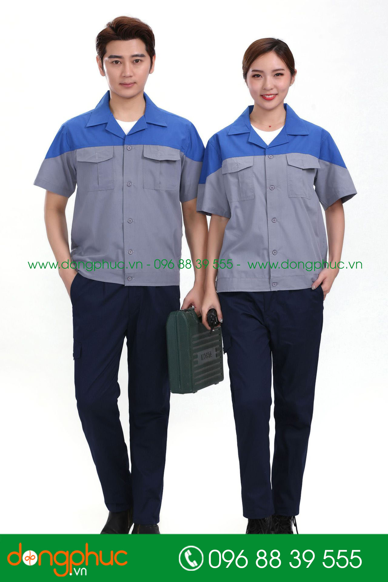Mẫu áo đồng phục kỹ sư – công nhân màu ghi đậm phối xanh bích cộc tay