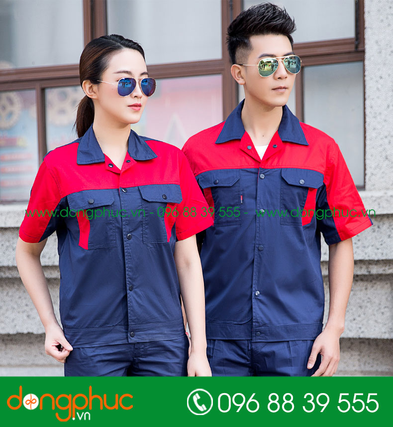 Mẫu áo đồng phục kỹ sư – công nhân màu tím than phối đỏ cộc tay