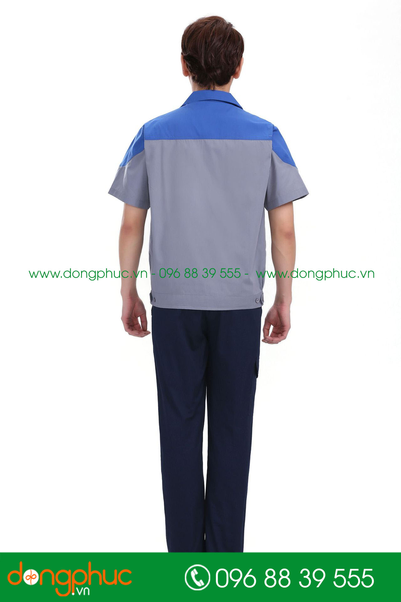Mẫu áo đồng phục kỹ sư – công nhân màu ghi đậm phối xanh bích cộc tay - mẫu 2