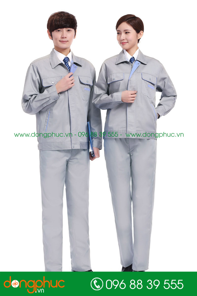 Mẫu áo đồng phục kỹ sư – công nhân màu ghi phối xanh YA - mẫu 2