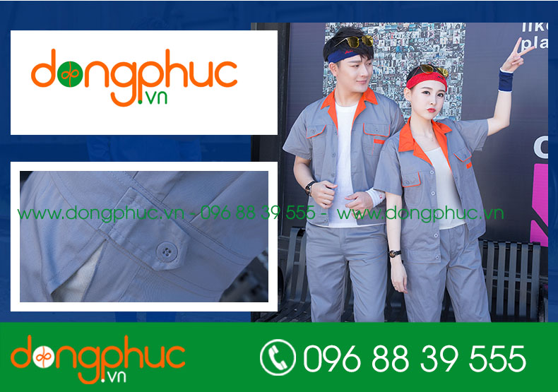 Mẫu áo đồng phục kỹ sư – công nhân màu tím than phối cam cộc tay - mẫu 3