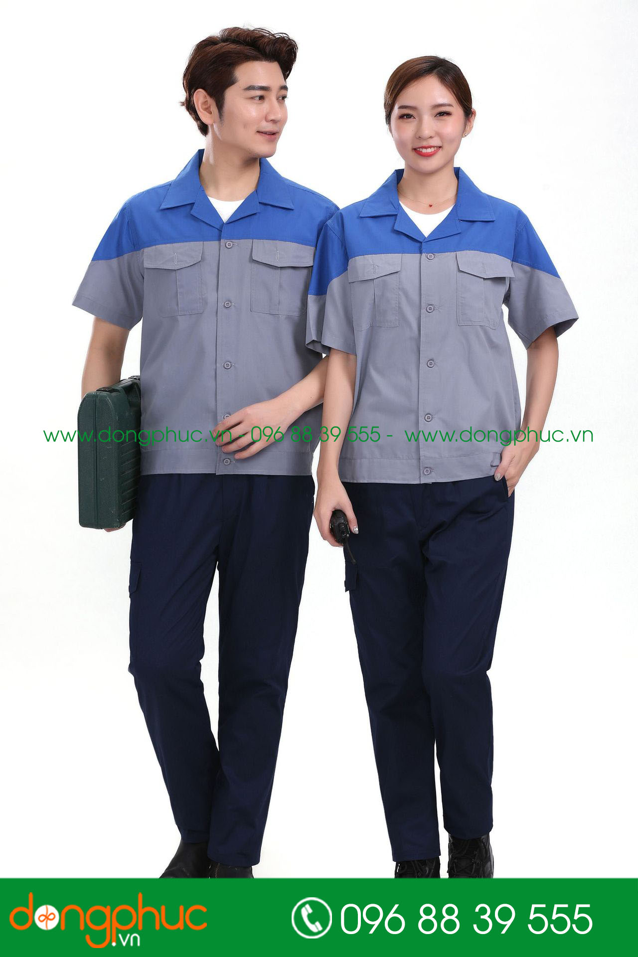 Mẫu áo đồng phục kỹ sư – công nhân màu ghi đậm phối xanh bích cộc tay - mẫu 3