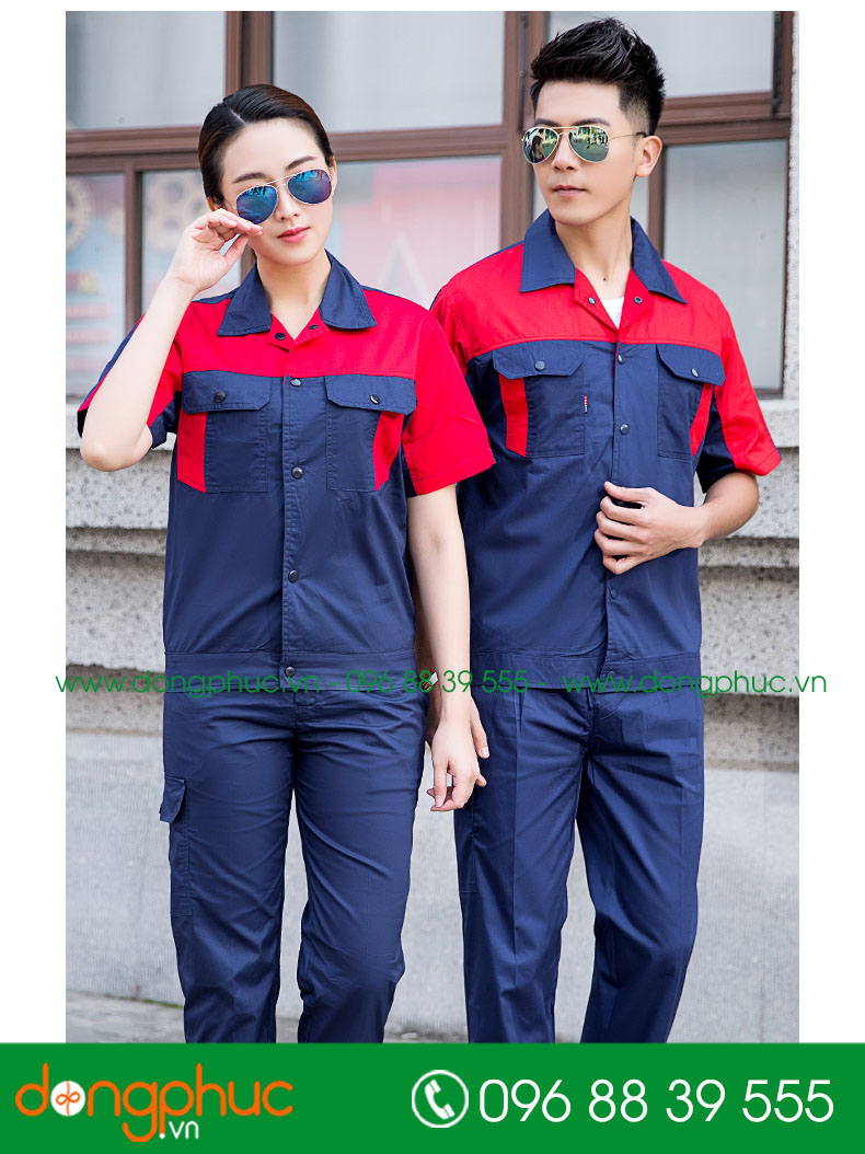 Mẫu áo đồng phục kỹ sư – công nhân màu tím than phối đỏ cộc tay - mẫu 3
