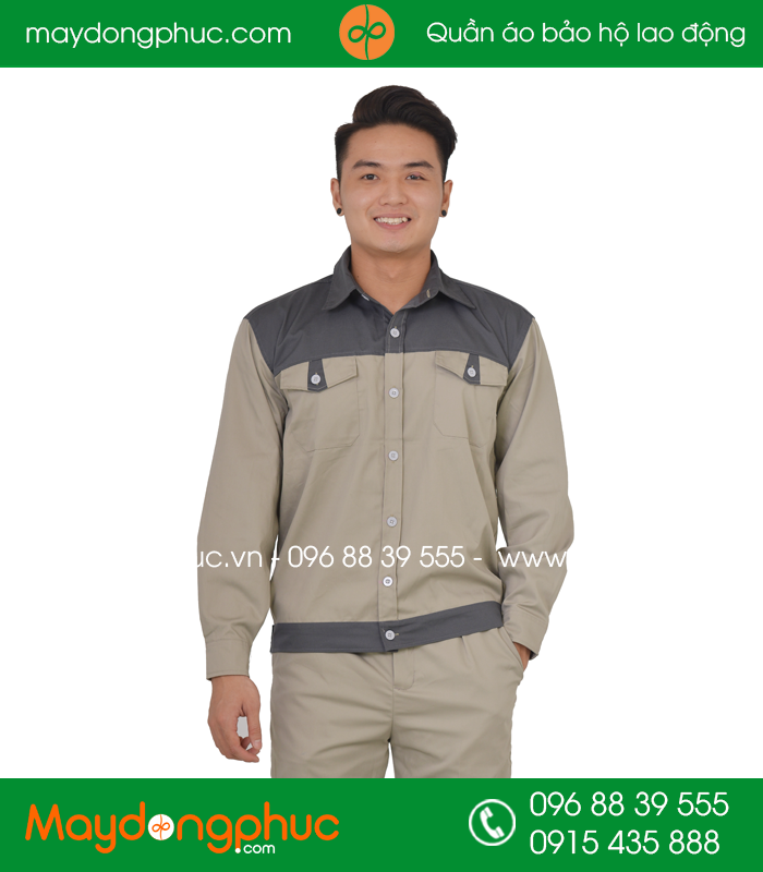 Quần áo công nhân may sẵn màu ghi phối ghi đậm - mẫu 2
