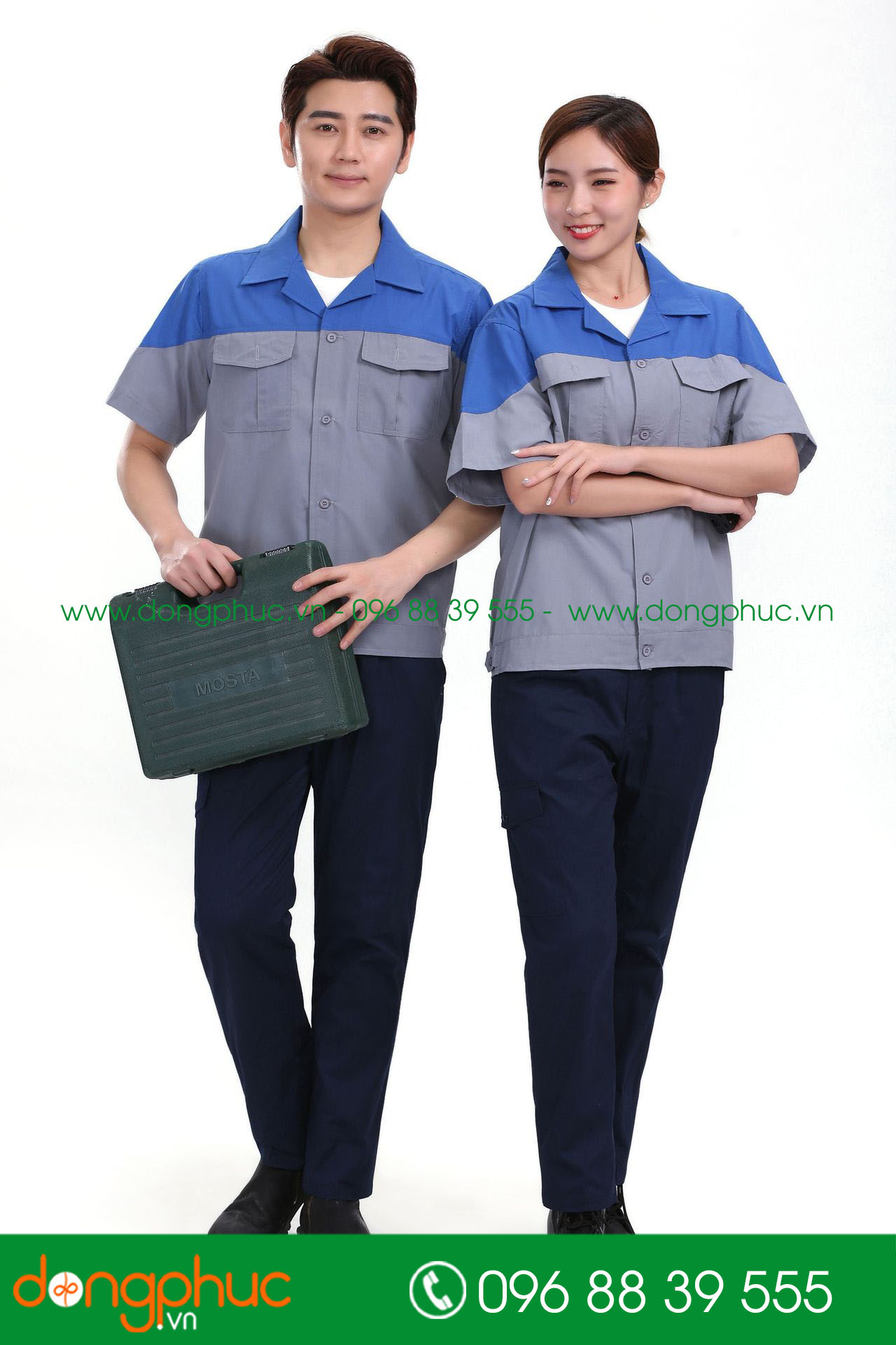 Mẫu áo đồng phục kỹ sư – công nhân màu ghi đậm phối xanh bích cộc tay - mẫu 4