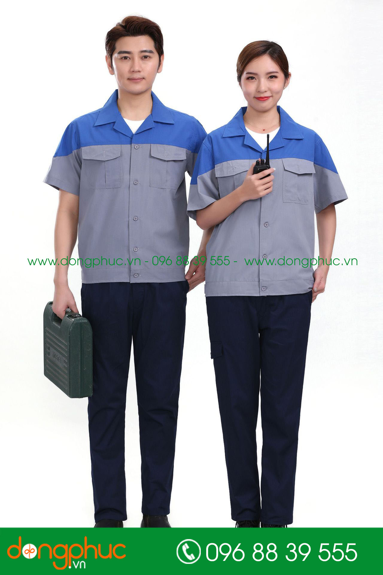 Mẫu áo đồng phục kỹ sư – công nhân màu ghi đậm phối xanh bích cộc tay - mẫu 5