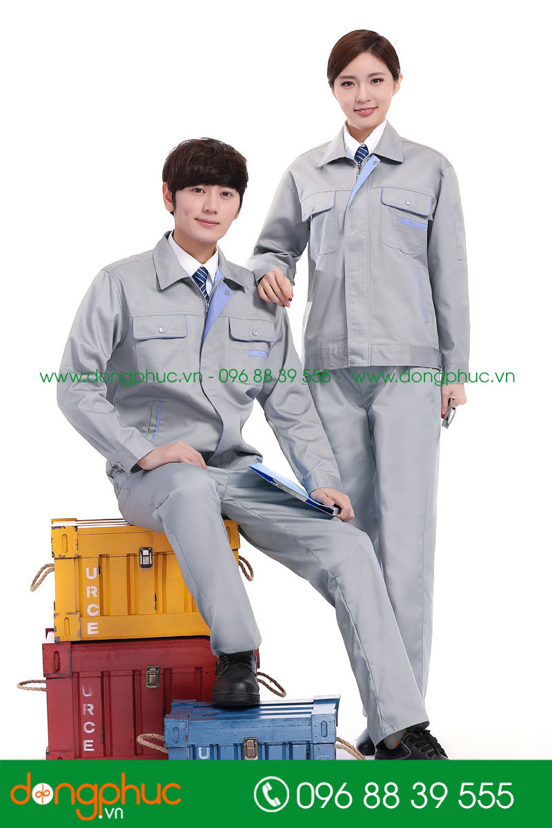 Mẫu áo đồng phục kỹ sư – công nhân màu ghi phối xanh YA - mẫu 5