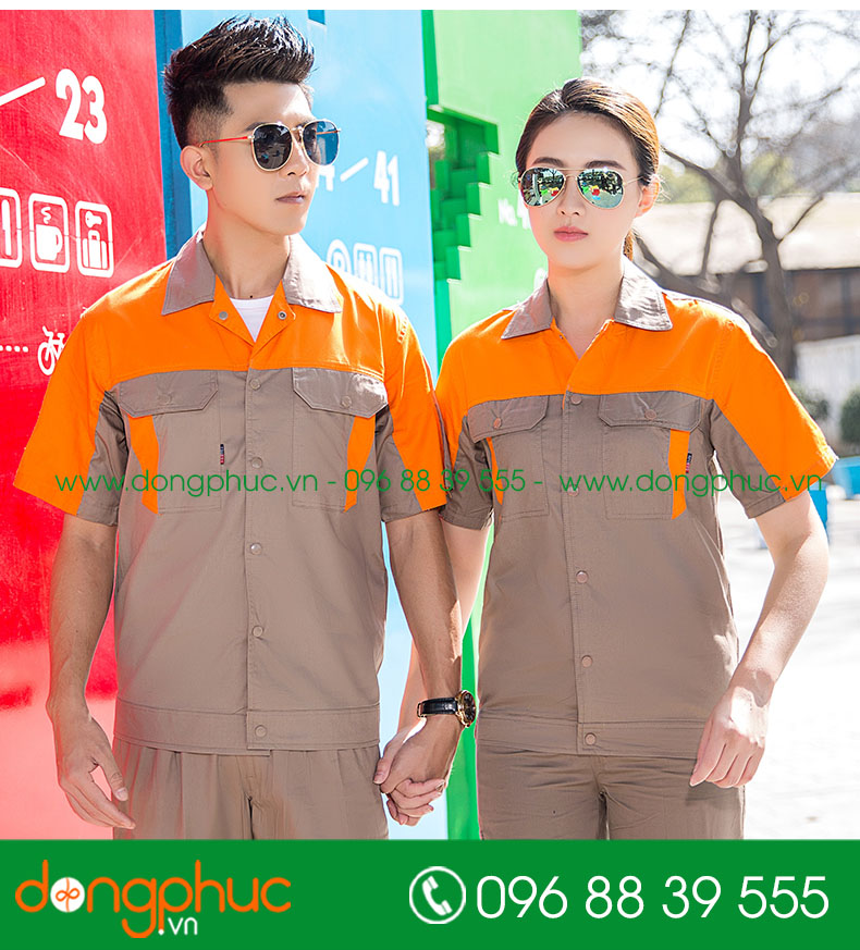 Mẫu áo đồng phục kỹ sư – công nhân màu tím than phối đỏ cộc tay - mẫu 5