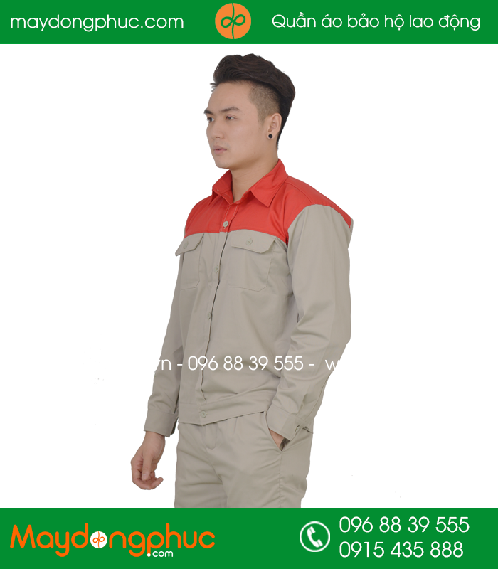 Quần áo công nhân may sẵn màu ghi phối đỏ