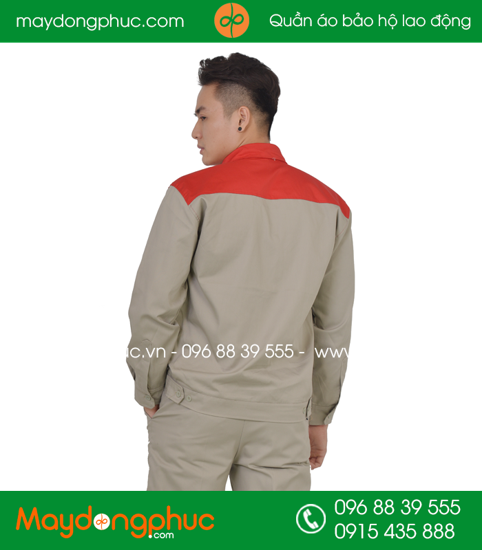 Quần áo công nhân may sẵn màu ghi phối đỏ - mẫu 2