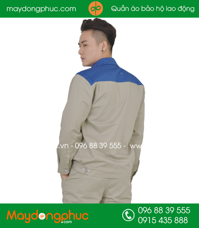 Quần áo công nhân may sẵn màu ghi phối xanh - mẫu 2