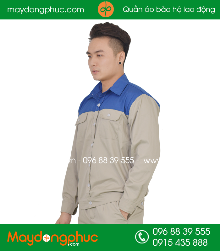 Quần áo công nhân may sẵn màu ghi phối xanh - mẫu 3
