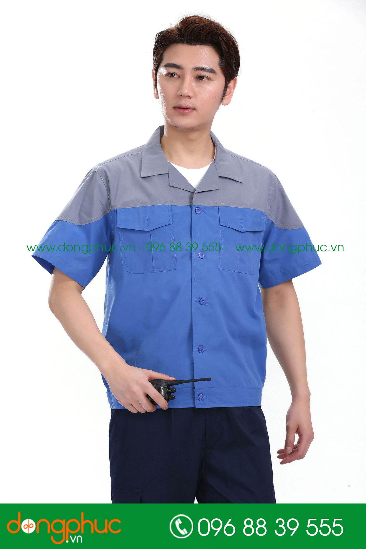 Mẫu áo đồng phục kỹ sư – công nhân màu xanh bích phối ghi đậm cộc tay