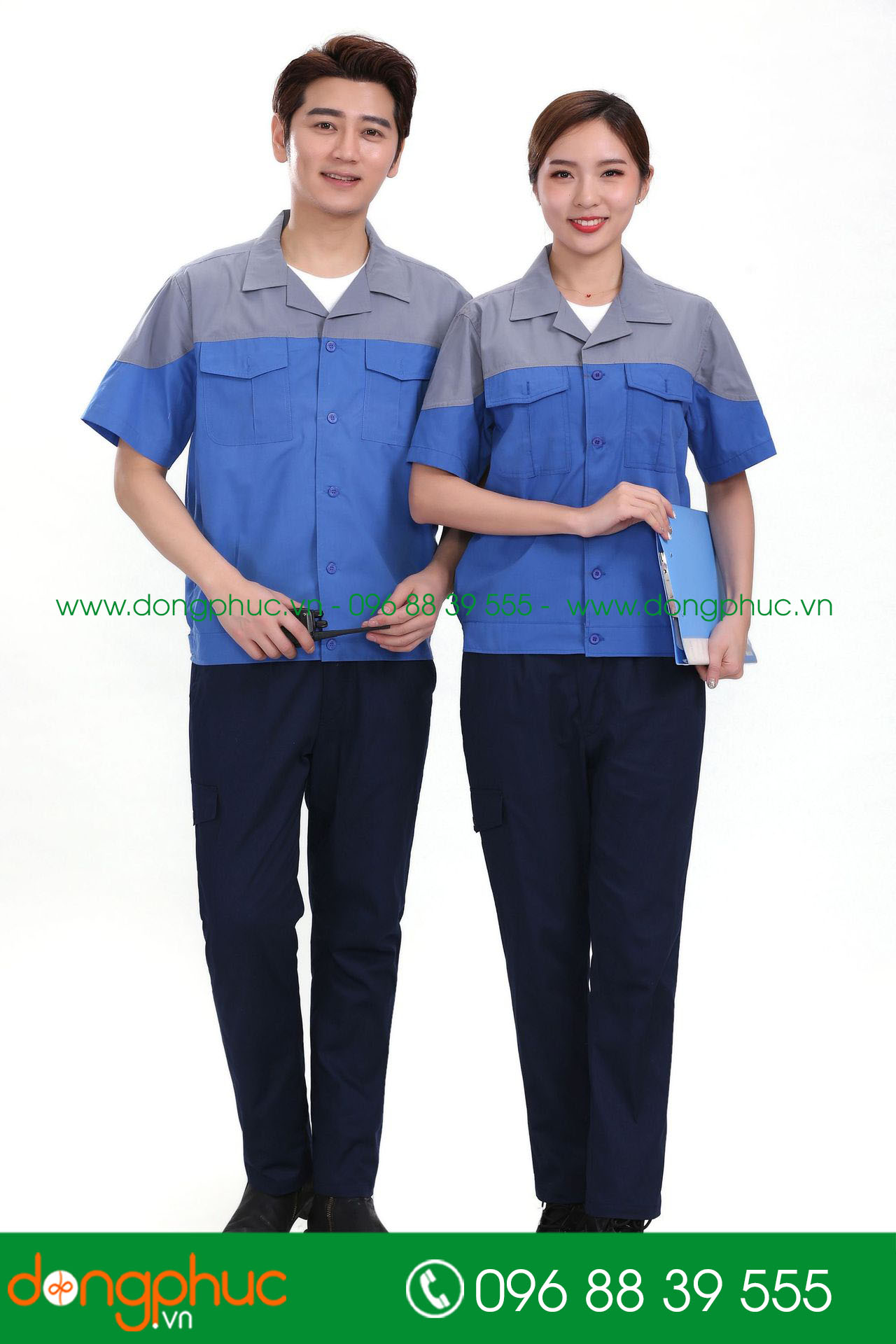 Mẫu áo đồng phục kỹ sư – công nhân màu xanh bích phối ghi đậm cộc tay - mẫu 2