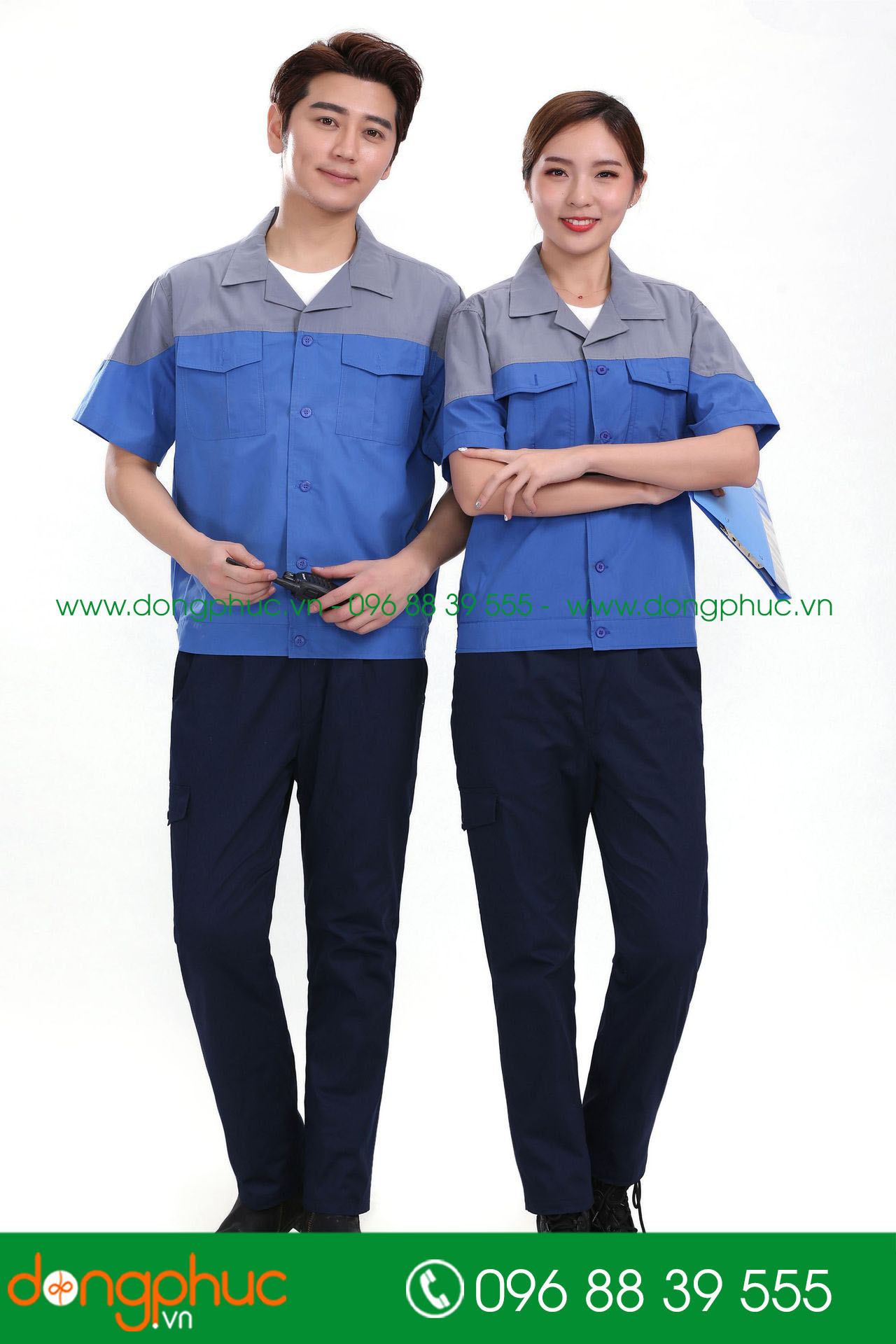 Mẫu áo đồng phục kỹ sư – công nhân màu xanh bích phối ghi đậm cộc tay - mẫu 3