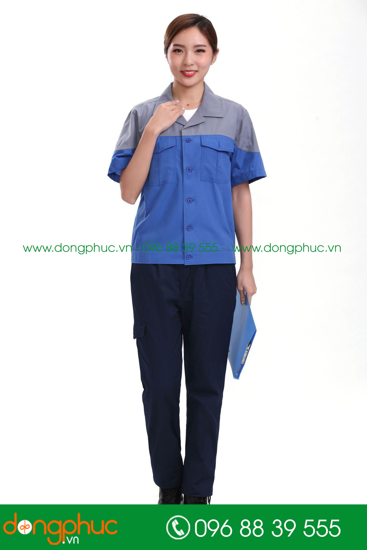 Mẫu áo đồng phục kỹ sư – công nhân màu xanh bích phối ghi đậm cộc tay - mẫu 4