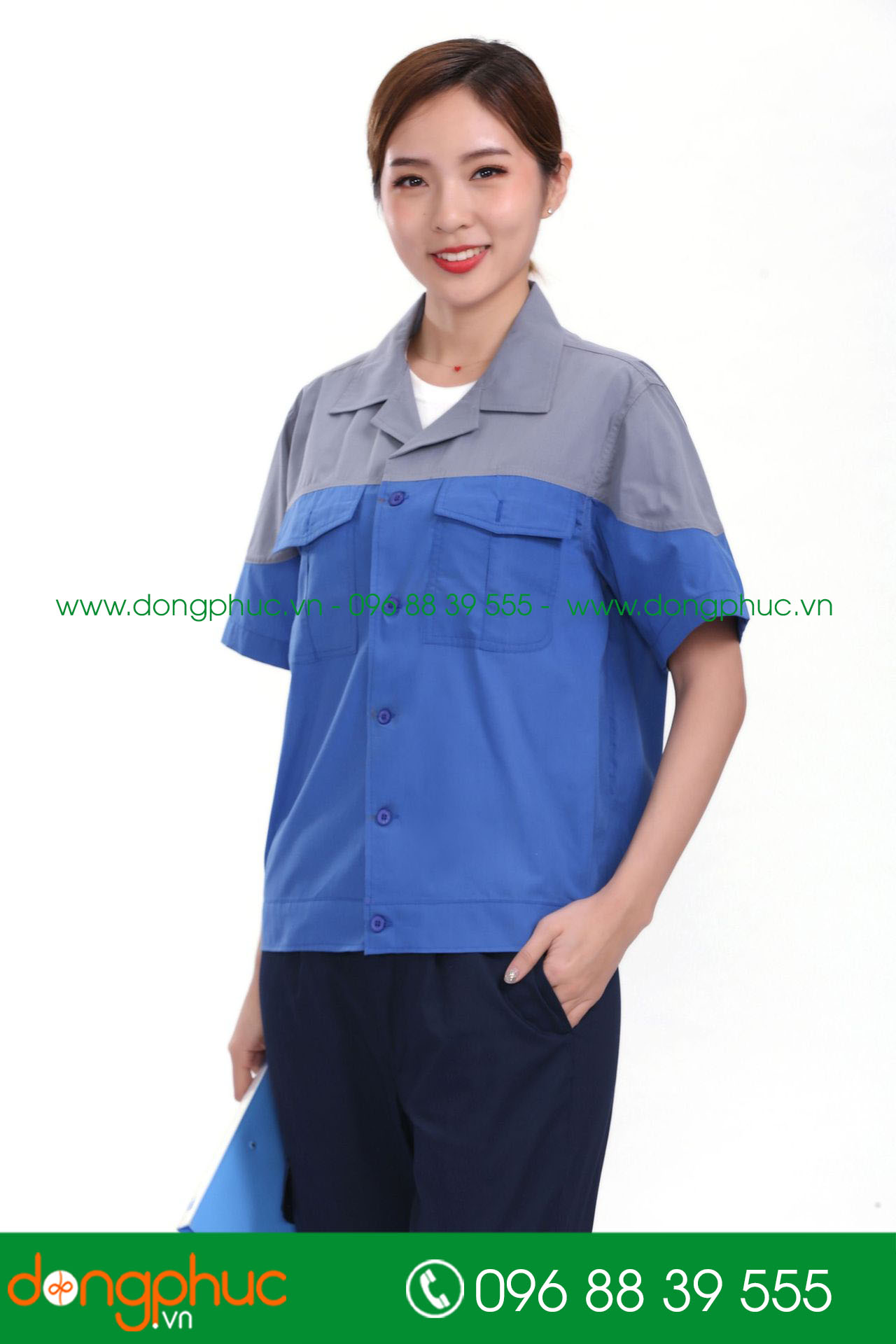 Mẫu áo đồng phục kỹ sư – công nhân màu xanh bích phối ghi đậm cộc tay - mẫu 5