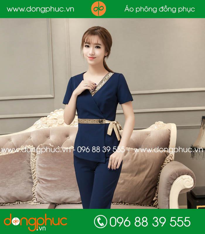 Quần áo đồng phục spa màu tím than viền hoa văn cổ
