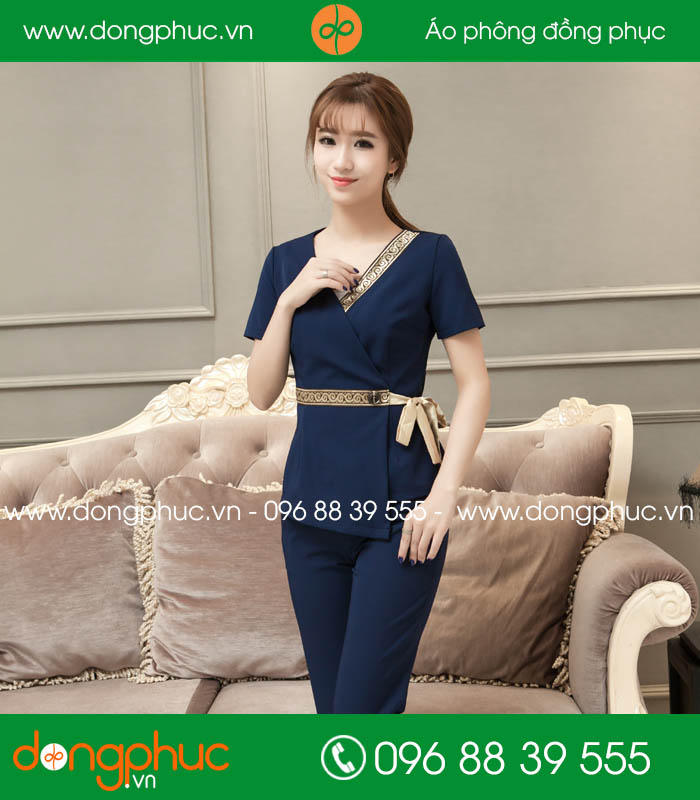 Quần áo đồng phục spa màu tím than viền hoa văn cổ - mẫu 6