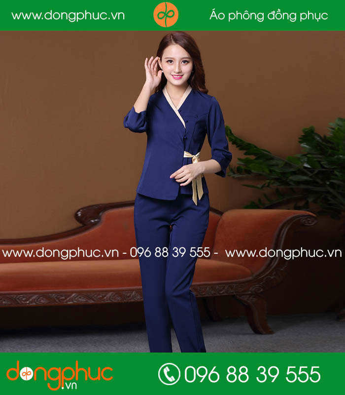 Quần áo đồng phục spa màu tím than viền ghi - mẫu 2