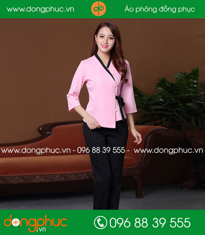 Quần áo đồng phục spa màu hồng nhạt viền đen