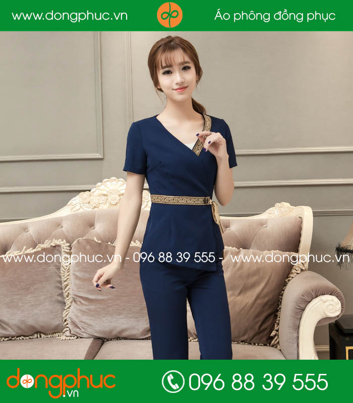 Quần áo đồng phục spa màu tím than viền hoa văn cổ - mẫu 3