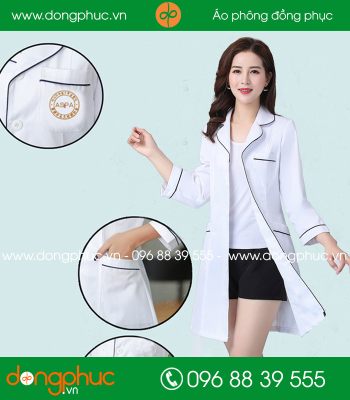 Áo blouse đồng phục y tá – Bác sĩ màu trắng viền tím than - mẫu 2