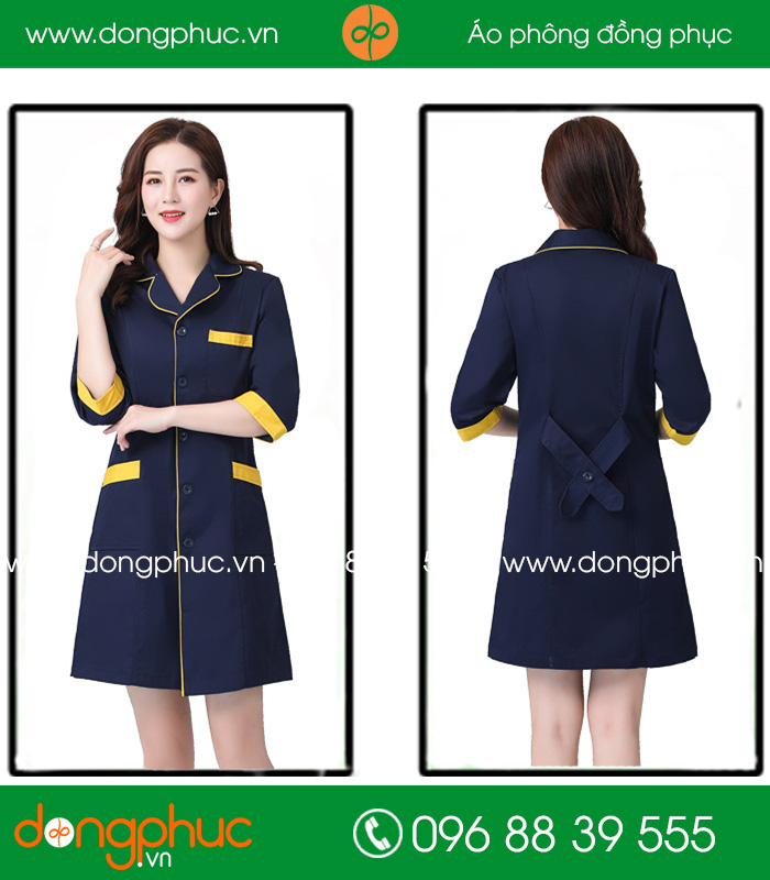 Áo blouse đồng phục y tá – Bác sĩ màu tím than viền vàng