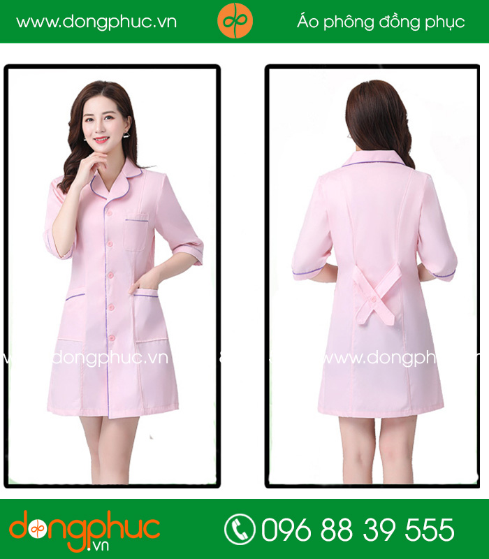 Áo blouse đồng phục y tá – Bác sĩ màu hồng nhạt viền tím