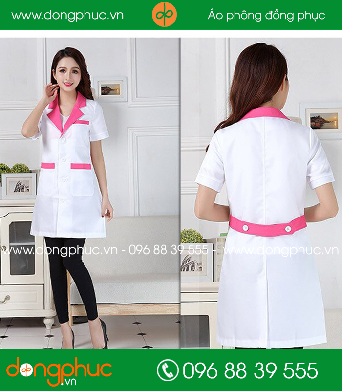 Áo blouse đồng phục y tá – Bác sĩ màu trắng cổ hồng - mẫu 2