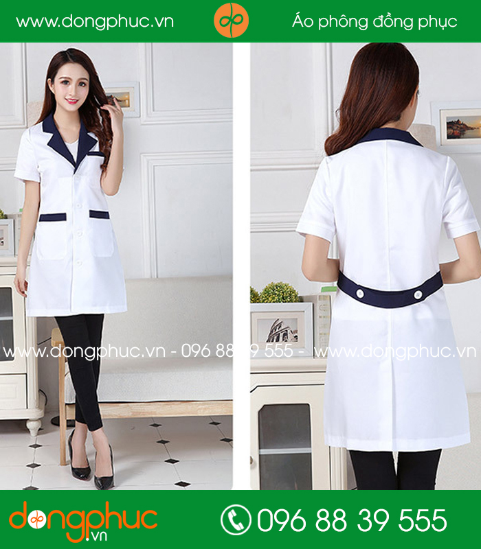 Áo blouse đồng phục y tá – Bác sĩ màu trắng cổ tím than - mẫu 3
