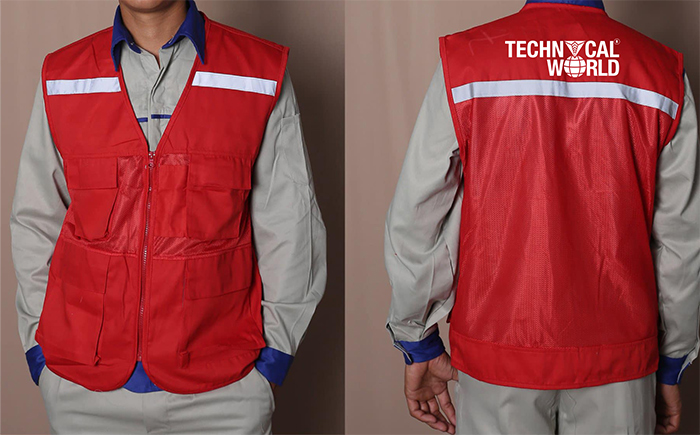 May áo gile đồng phục màu đỏ Technical Word