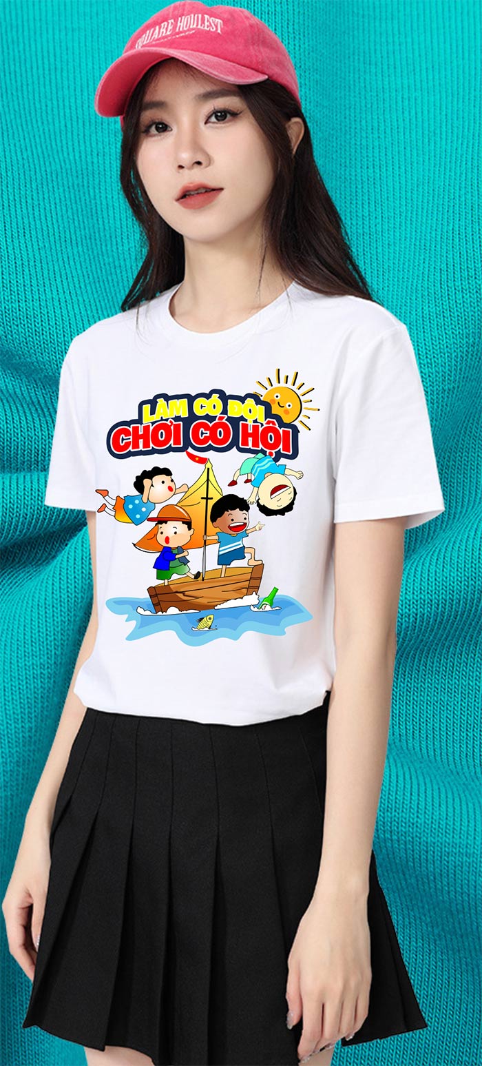 May áo phông cổ tròn Làm có đội Chơi có hội
