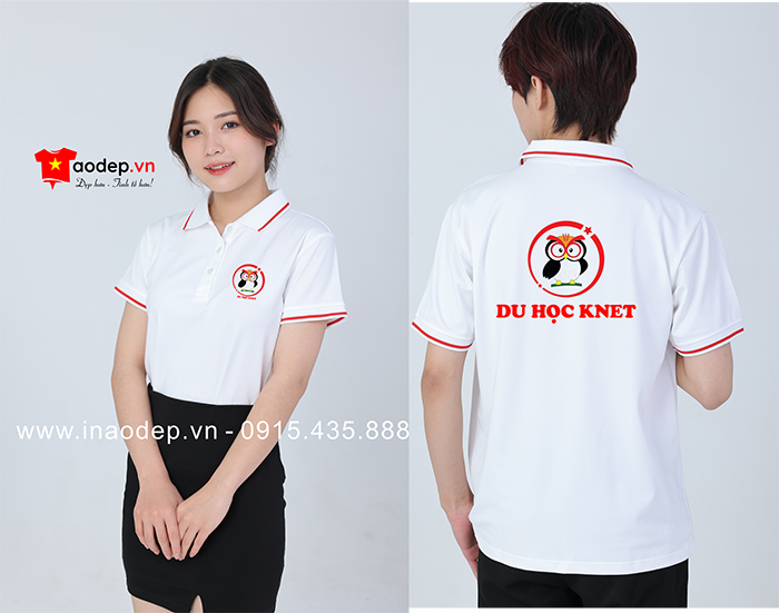 May áo phông đồng phục Du học Knet màu trắng viền đỏ