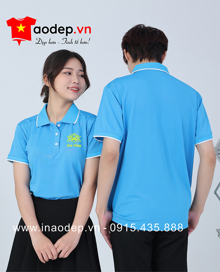 May áo phông màu xanh da trời Sen Vàng