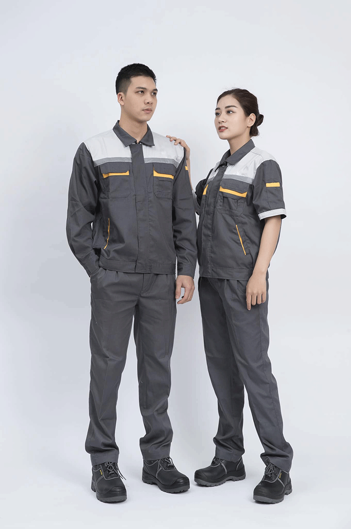 May đồng phục bảo hộ màu xám đậm phối vàng