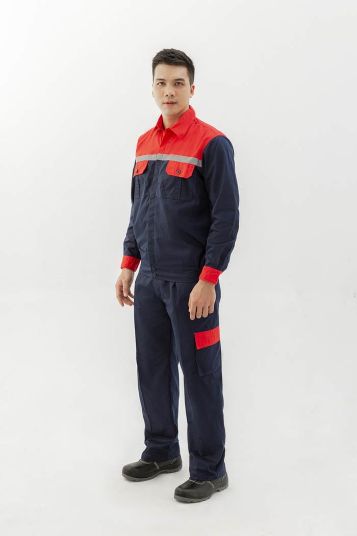 May đồng phục bảo hộ màu xanh đen phối cam