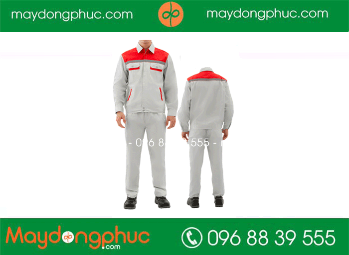 May quần áo bảo hộ lao động màu ghi phối đỏ