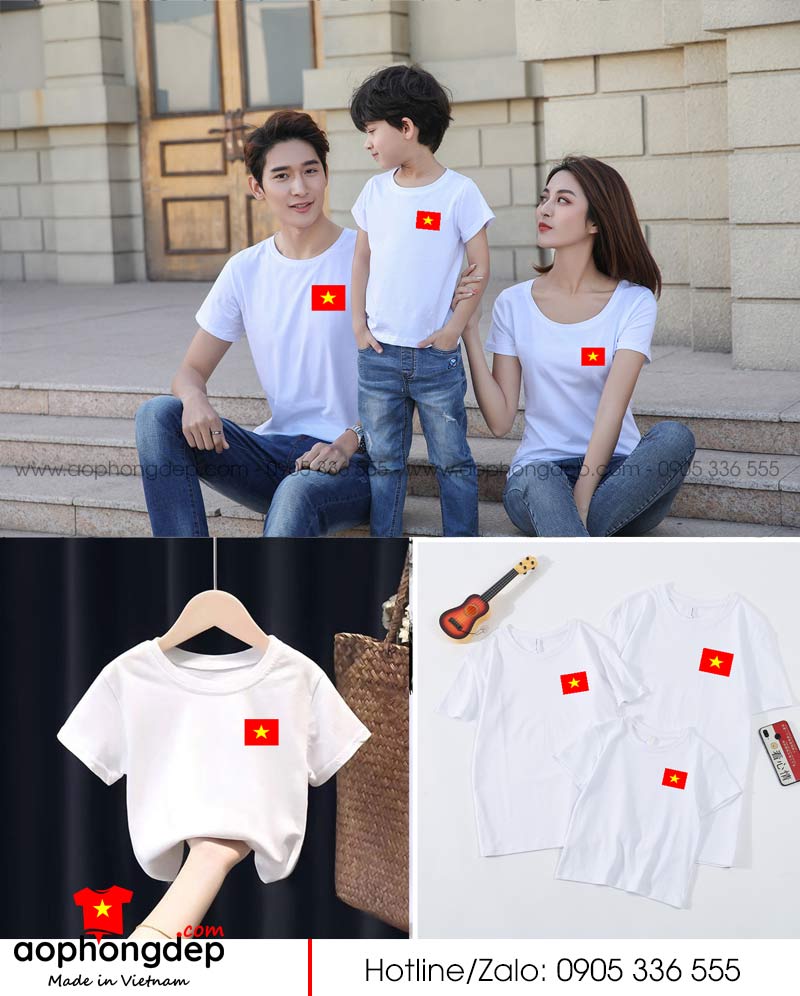 May áo thun màu trắng in hình lá cờ đỏ