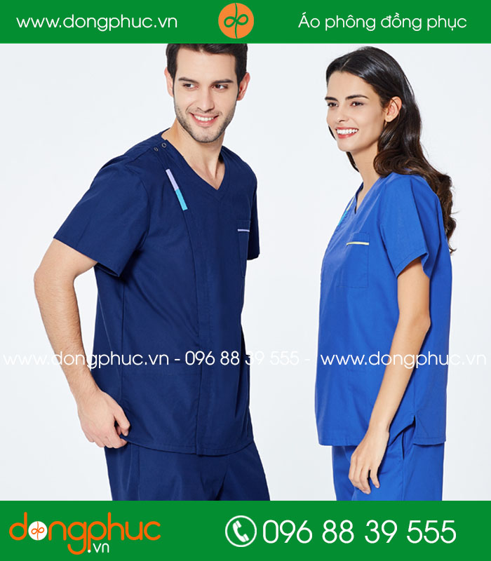 Quần áo đồng phục phòng mổ màu tím than và xanh bích - mẫu 2