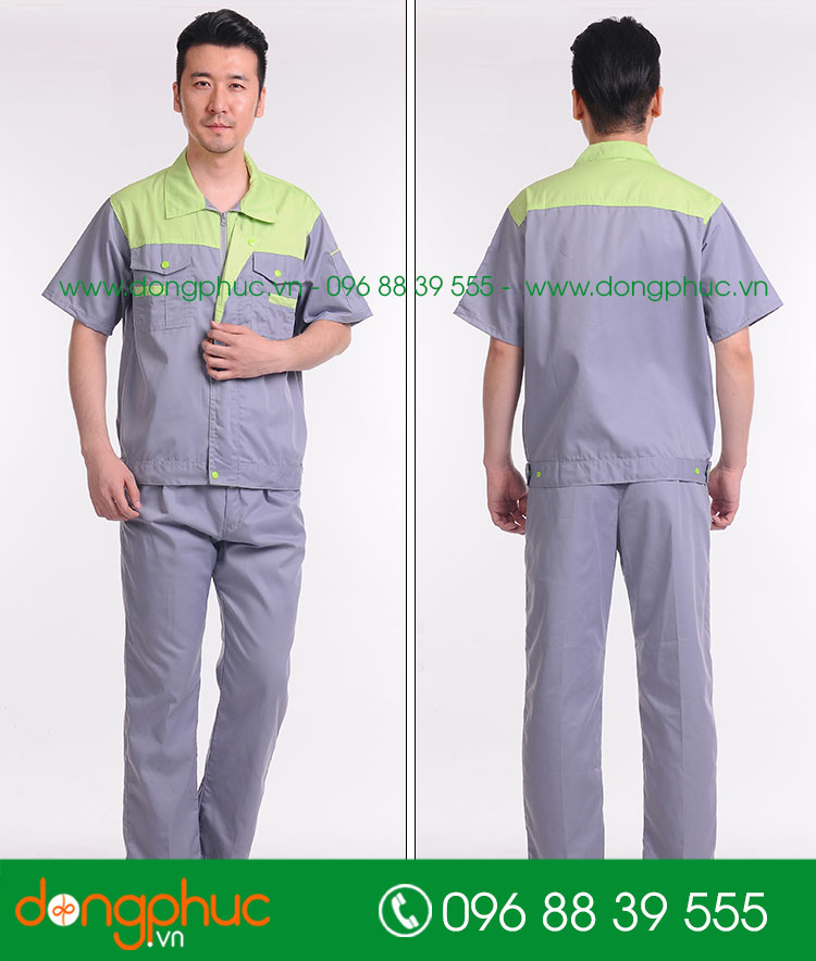 Mẫu áo đồng phục kỹ sư – công nhân màu ghi phối cam cộc tay