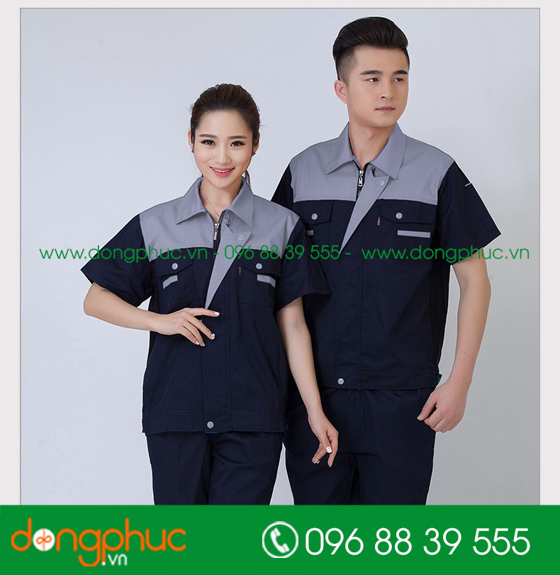 Mẫu áo đồng phục kỹ sư – công nhân màu tím than phối xanh lá cộc tay - mẫu 2