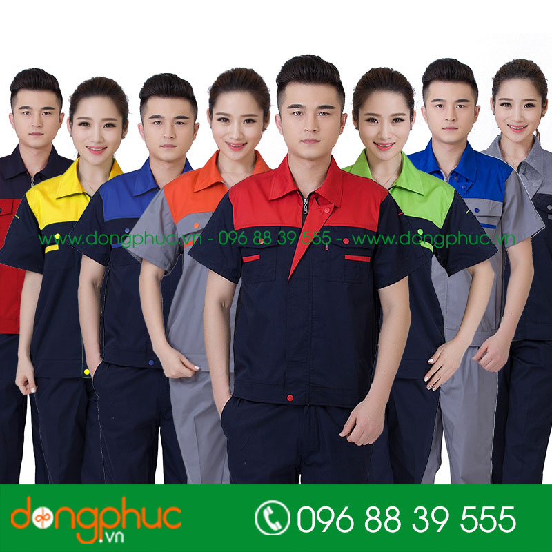 Mẫu áo đồng phục kỹ sư – công nhân màu tím than phối xanh lá cộc tay - mẫu 4